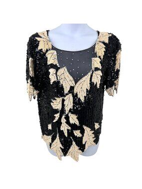 GORGEOUS VINTAGE DOMINIQUE RHINESTONE SEQUINS BEAD & TINY PEARL LEAF PATTERN TOP